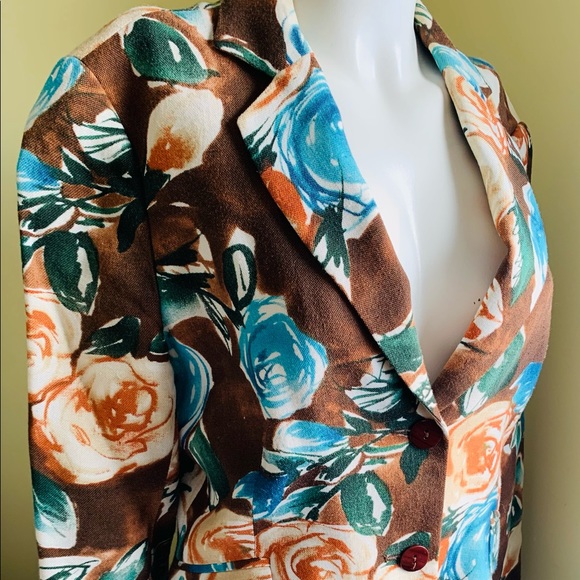 Zara floral light brown short blazer bright orange & blue roses collared US 10 - Picture 6 of 11